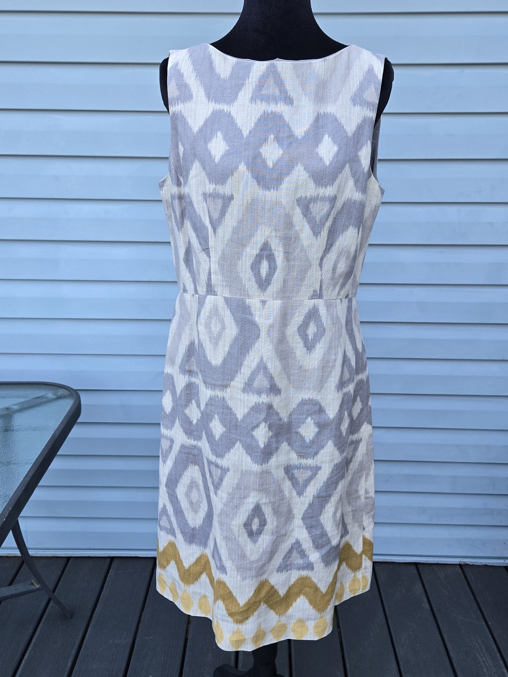 Lafayette 148 New York 100% Linen Ikat Geometric Sheath Dress Grey Gold Size 8
